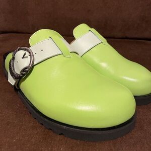 John Fluevog Two Tone Style Clog Sandal Green Light Blue 8 US B I R K I N S T O